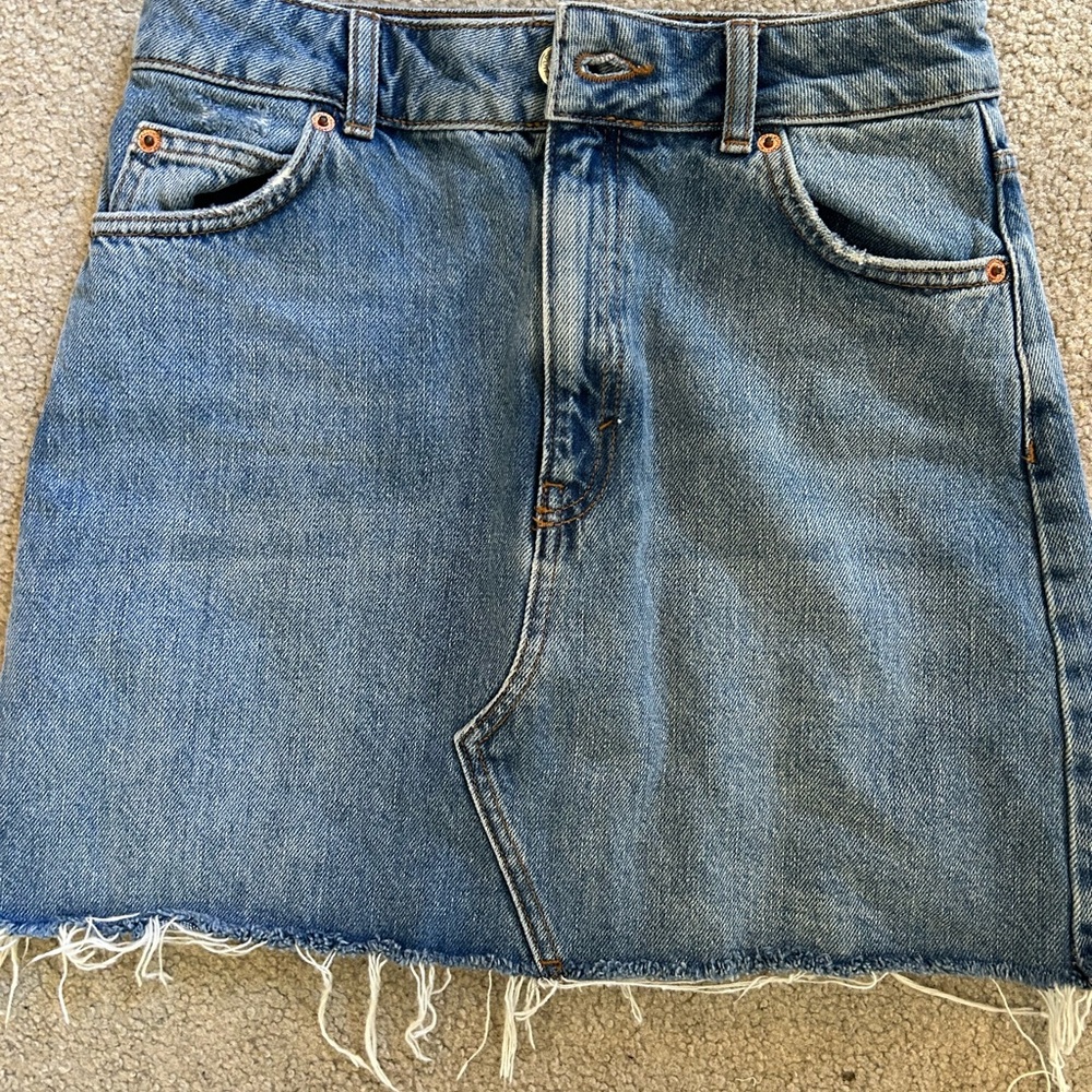 Topshop Medium Blue Denim Mini Skirt with Frayed Hem